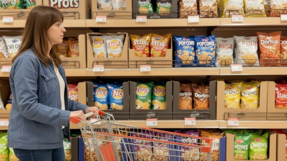 Shopper in front of a snack shelf with products displayed in tear-open shelf-ready cases, illustrating how end-of-line packing patterns affect in-store presentation.