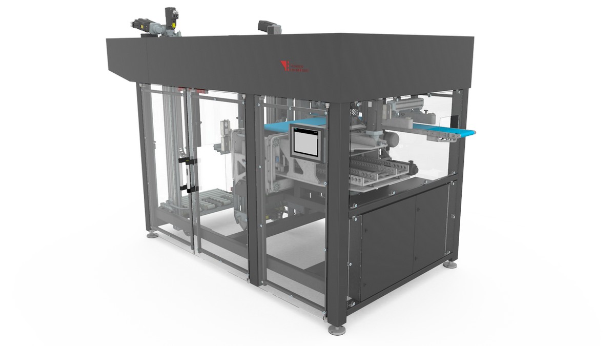 Compact case packer PN8 for bags, pouches and other flexible packs, by Tronrud Packaging.