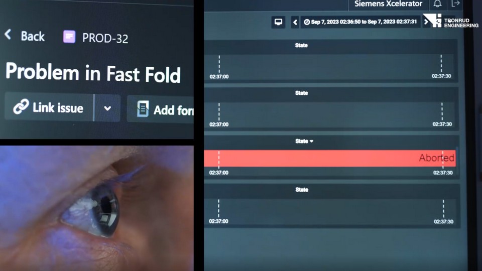 Close-up of iNSIGHT troubleshooting screens showing a “Problem in Fast Fold” ticket and an event timeline, alongside an operator monitoring the issue.